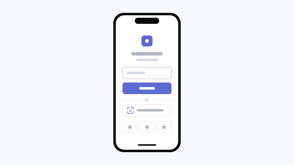 A phone screen with an app tile, an email field, a filled continue button, and an outlined button carrying a face-id glyph