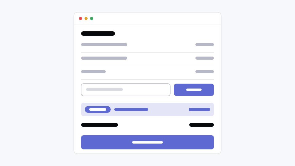 A checkout panel with plan rows, a promo-code field beside an apply button, a highlighted discount row, and a pay button