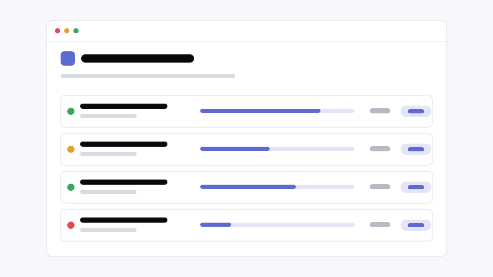 An initiative page listing four projects, each with a health dot, a progress bar, and a status pill