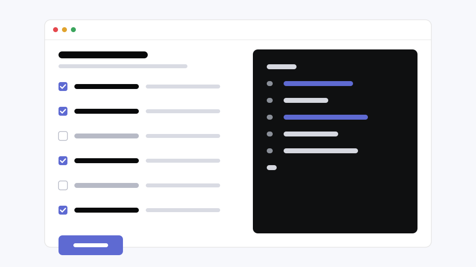 A scope checklist with checked and unchecked boxes beside a dark metadata panel with highlighted lines