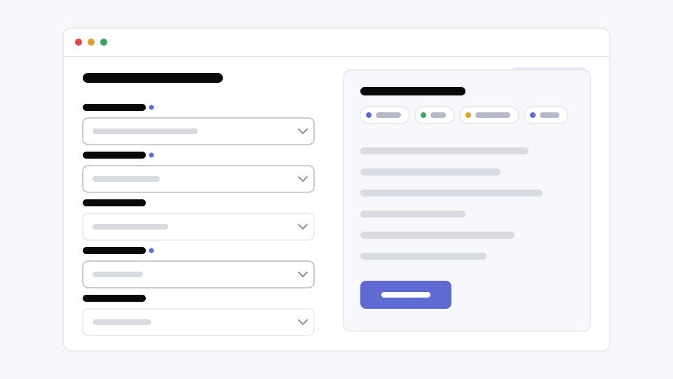 A template form with labelled dropdown fields marked with required dots beside a preview panel of label chips and a create button
