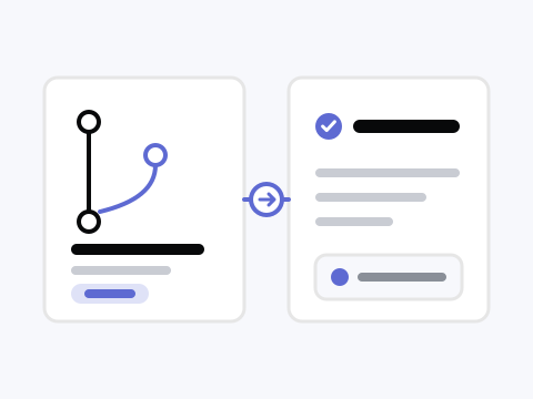 A git branch-merge glyph on one card, an arrow, and a checked issue card with a linked pull request row